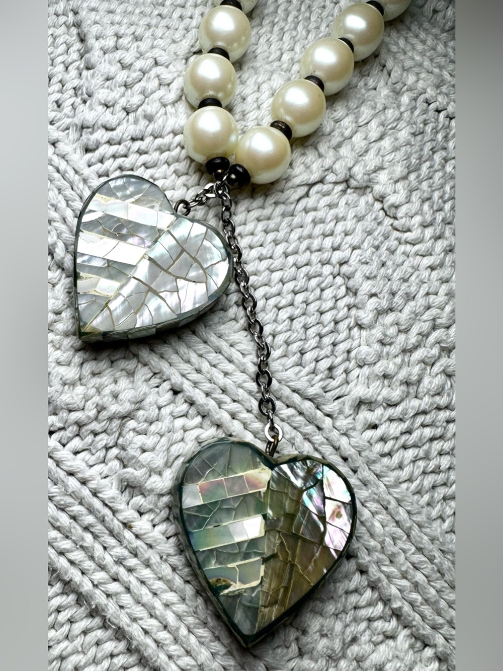 RARE Signed Miriam Haskell Pearl Bead Necklace with Abalone Heart Pendants #1276 - Picture 12 of 16